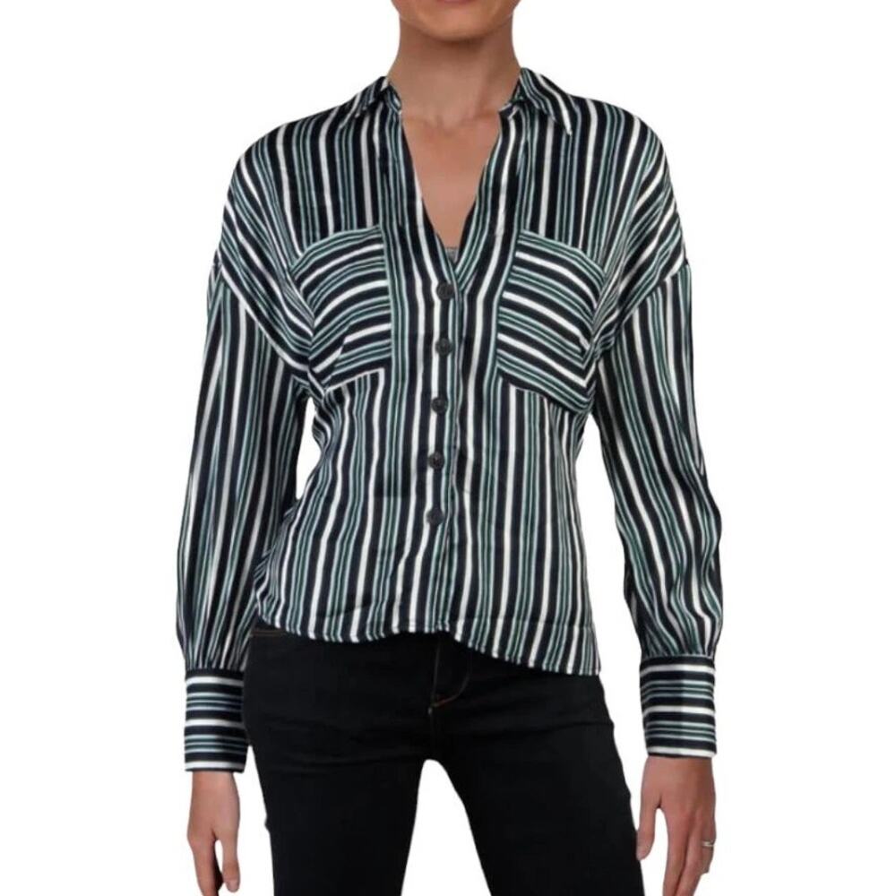 Free People Mad About You Button-Up Shirt Women Large Blue Striped Long Sleeves